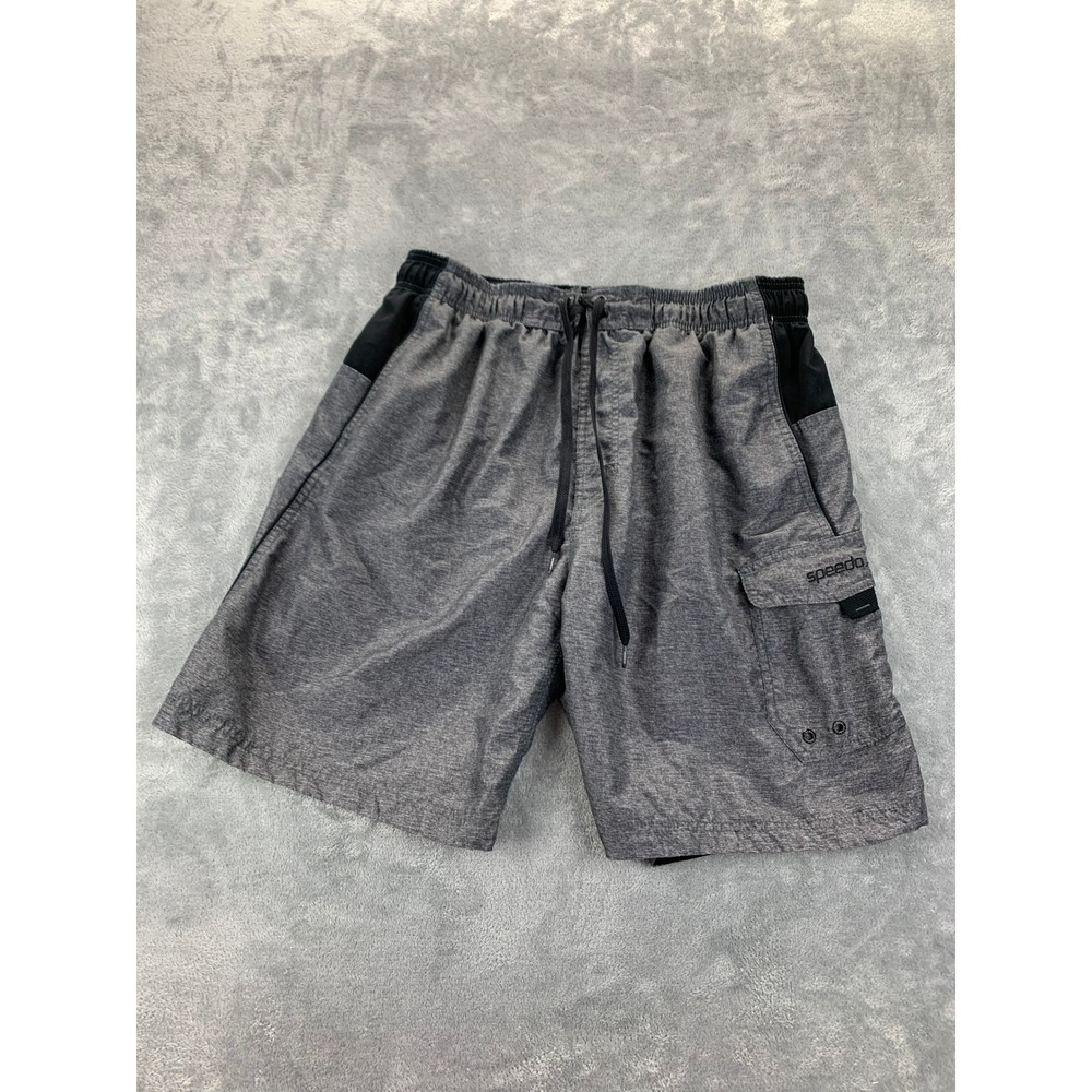 Speedo Swim Trunks 32" Gray Black Cargo Pocket Drawstring Swim Shorts